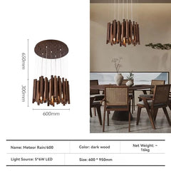 Wooden pendant light with dimensions and product details on a dining room background
