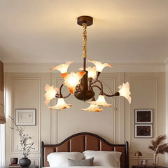 Bronze Floral Chandelier Pendant Light with Frosted Glass Bell Shades