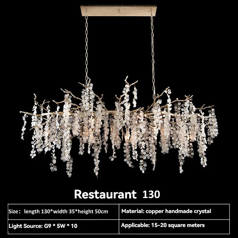 Chandelier with crystal elements on a black background, labeled 'Restaurant 130'.