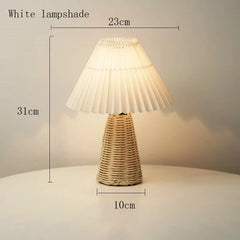 Rattan Base Pleated Fabric Shade Table Lamp - Bedside Accent Light