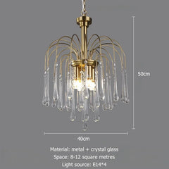 Chandelier with crystal glass elements and dimensions on a gray background