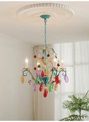 Teal & Gold Metal Chandelier Colorful Crystal Fruit & Leaf Accents