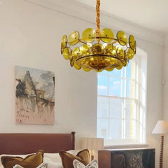 Mid-Century Amber Glass Disc Chandelier with Gold Metal Frame