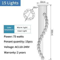 Technical drawing of a pendant light fixture with specifications including number of lights, power, voltage, and warranty.