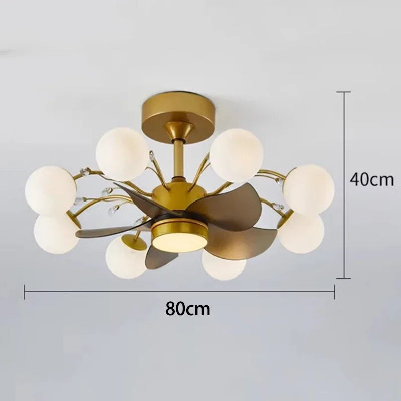 Gold chandelier with white glass shades and dimensions on a light gray background