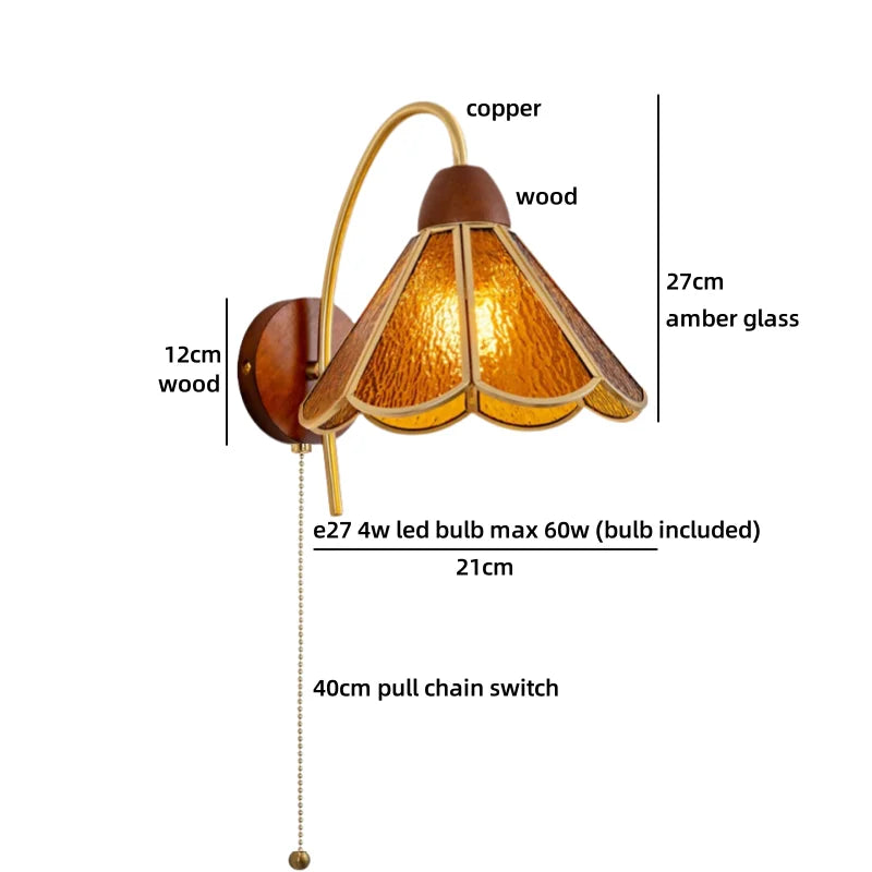 Wall-mounted light fixture with dimensions and material details on a white background