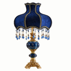 Gold Beaded Fabric Shade Table Lamp with Blue Accents