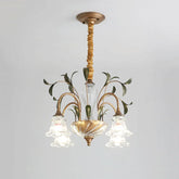 Gold floral crystal semi-flush chandelier against a white ceiling