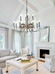 Distressed Wood Candle Chandelier with Floral Accents