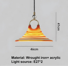 Pendant light with dimensions and material details on a gray background