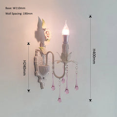 White Floral Wall Sconce with Pink Crystal Drops and Rose Accents