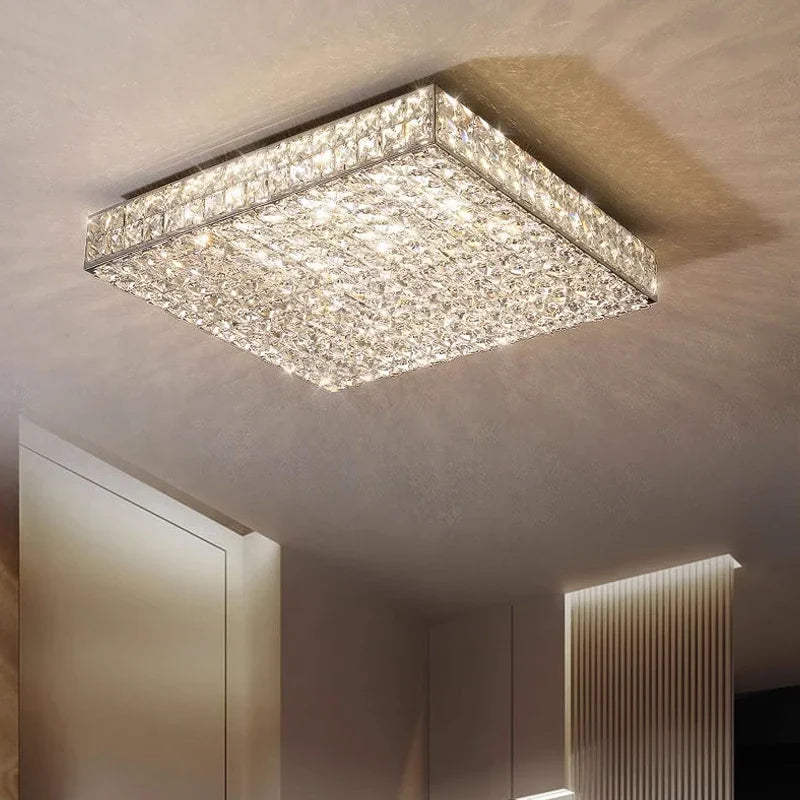 Square crystal ceiling light fixture in a modern interior setting
