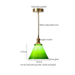 Pendant light with green glass shade and measurements on a white background