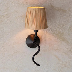 Wall-mounted lamp with a pleated beige shade on a textured wall.