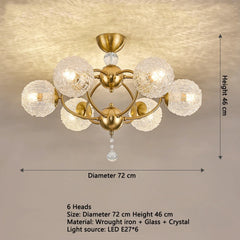 Gold Crystal Globe Semi-Flush Ceiling Light with Textured Glass Shades