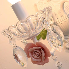 White Ceramic Rose Crystal Sconce Light with Leaf Accents