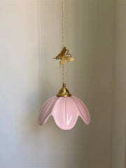 Brass Petal Ceramic Pendant Light with Butterfly Accent