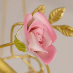 Gold Metal Chandelier With Pink Rose Ceramic Flowers & Frosted Glass Shades