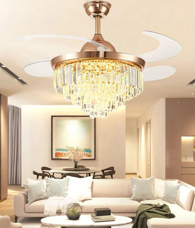 Modern living room with a chandelier-style ceiling fan