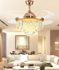 Modern living room with a chandelier-style ceiling fan