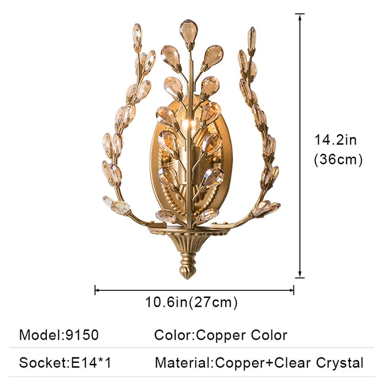 Gold wall sconce with crystal accents and dimensions on a white background