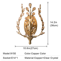 Gold wall sconce with crystal accents and dimensions on a white background