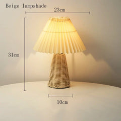 Rattan Base Pleated Fabric Shade Table Lamp - Bedside Accent Light