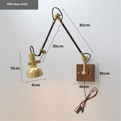 Brass Adjustable Swing Arm Wall Sconce Wooden Base Black Frame