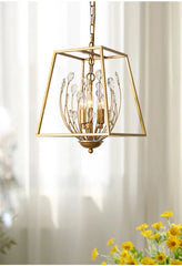 Gold Metal Geometric Frame Pendant Light with Crystal Accents