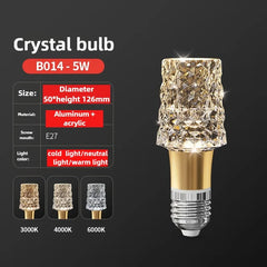 Crystal bulb with specifications on a dark background