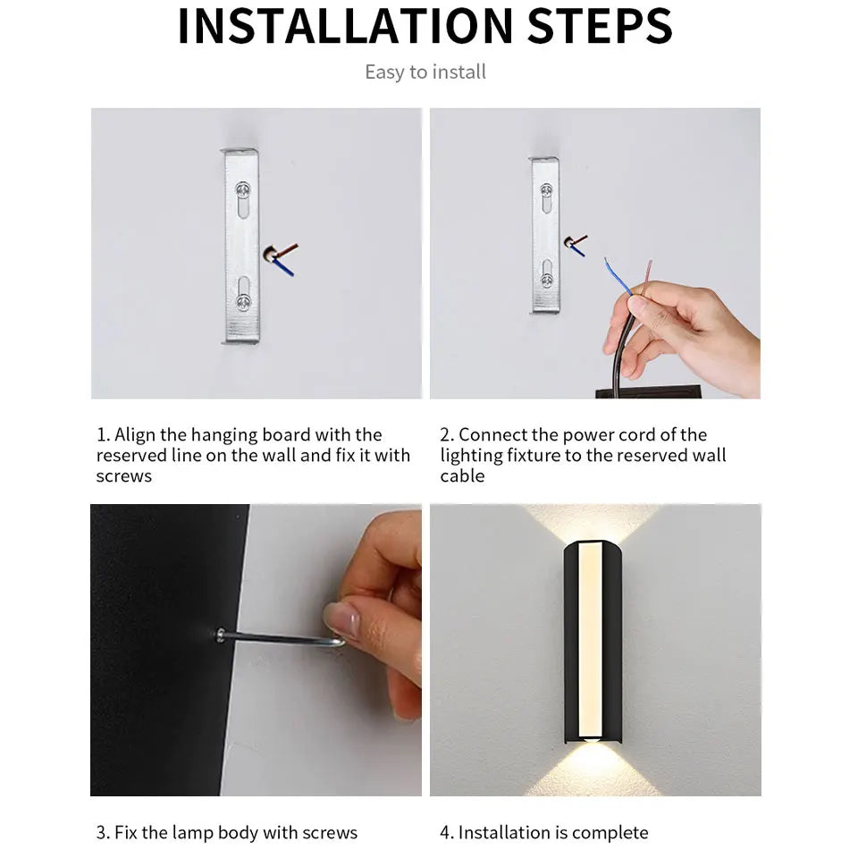 Step-by-step installation guide for a wall light fixture.