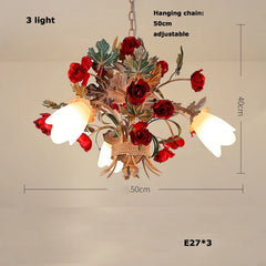 Gold Rose Bud Ceramic Pendant Light Fixture Floral Stems Glass Shades
