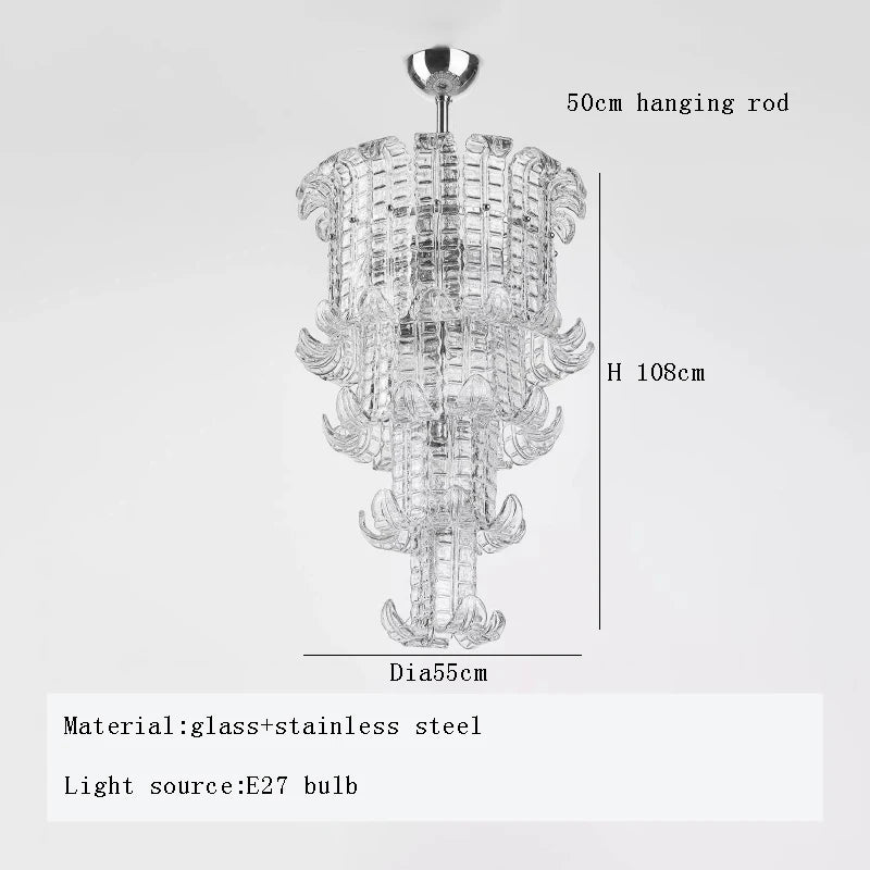 Crystal chandelier with dimensions and material details on a white background