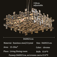 Polished Chrome Rectangular Crystal Chandelier Hanging Ceiling Light