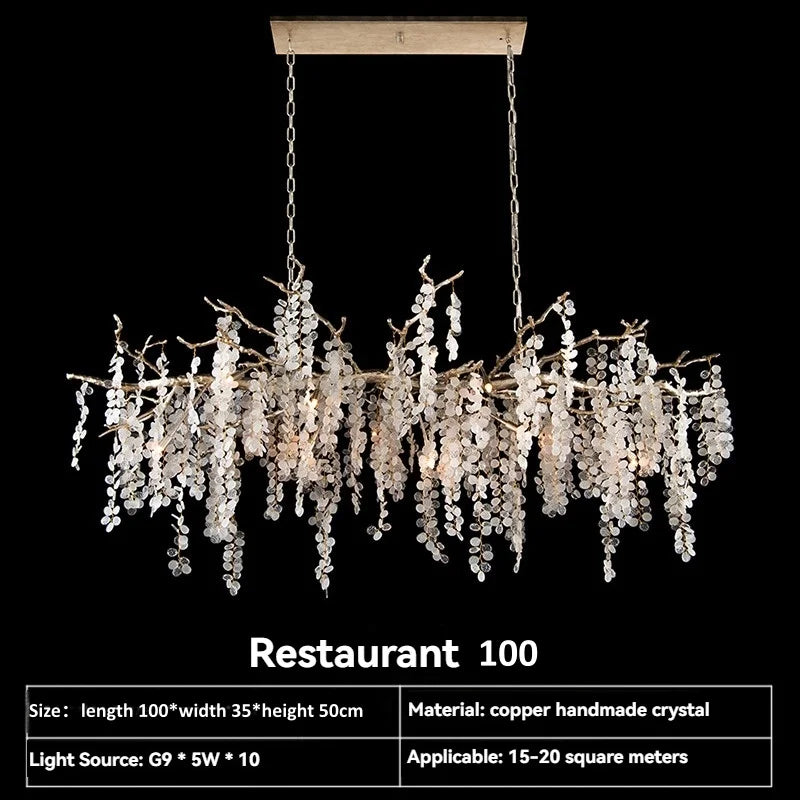 Chandelier with crystal elements on a black background, labeled 'Restaurant 100'.