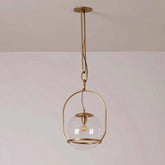 Gold pendant light with clear glass shade on a plain background