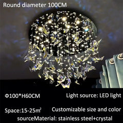 Chandelier with crystal details on a ceiling, featuring text about its dimensions and material.