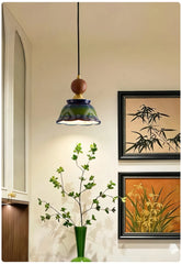Green Ceramic Bell Pendant Light Hand Painted Floral Design