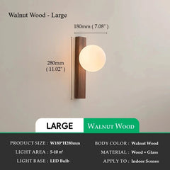 Modern Wood Sphere Wall Sconce with Frosted Glass Ball Light Fixture