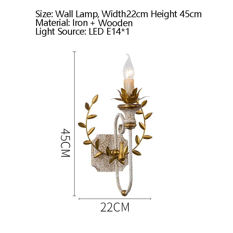 Technical drawing of a distressed gold floral leaf wall sconce indicating dimensions of 22cm width and 45cm height.