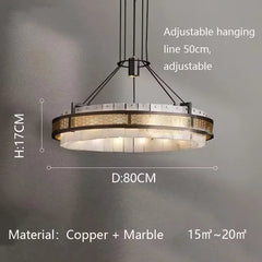 Chandelier with dimensions and material details on a gray background