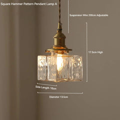 Brass Square Pendant Light with Textured Amber Glass Shade