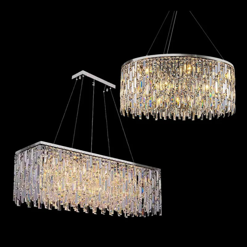 Two crystal chandeliers, one rectangular and one round, on a black background.