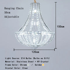 Chandelier with dimensions and specifications on a gray background