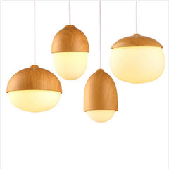 Modern Acorn Wood Pendant Light with Frosted Glass Shade