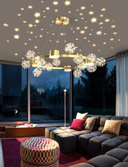 Modern Gold Ring Chandelier with Starburst Crystal Globe Shades
