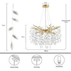 Chandelier with dimensions and installation instructions on a white background