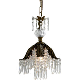 Brass crystal chandelier with a leaf-shaped canopy and cascading teardrop crystals, isolated on white background.