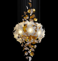 Gold Petal & White Flower Chandelier with Cascading Design