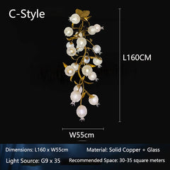 Gold Floral Pendant Light with Crystal Bell Shades and Leaf Accents